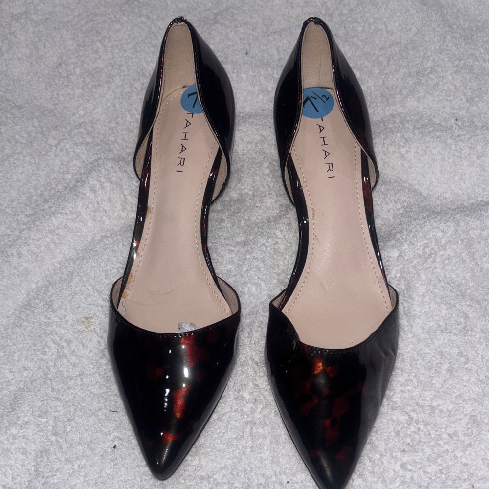 Tahari Black Patent Pointed D'Orsay Heels with Tortoiseshell Accents